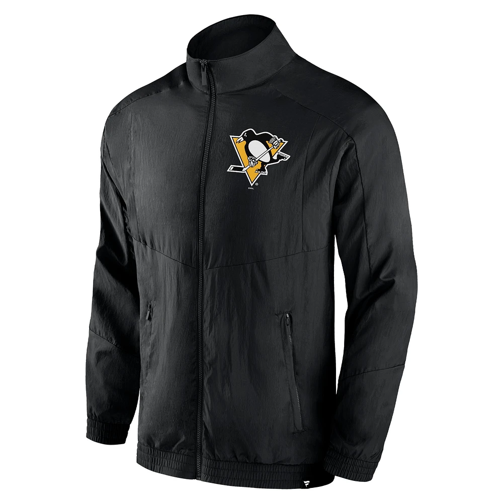Men's Fanatics Black Pittsburgh Penguins Step Up Crinkle Raglan Full-Zip Windbreaker Jacket
