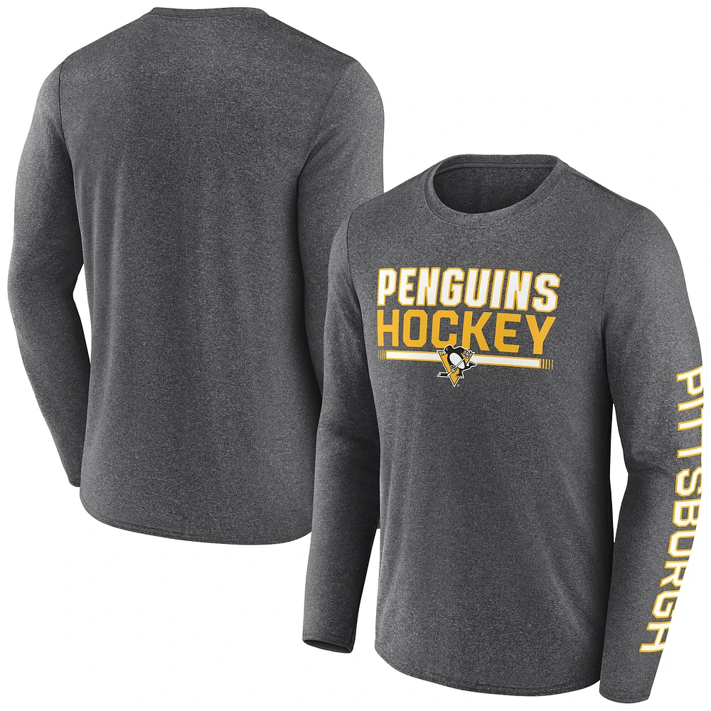 T-shirt synthétique à manches longues emblématique Fanatics Heather Charcoal Pittsburgh Penguins Sweep pour hommes