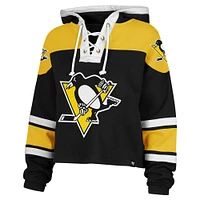 Women's '47 Black Pittsburgh Penguins Cropped Superior Lacer Pullover Hoodie