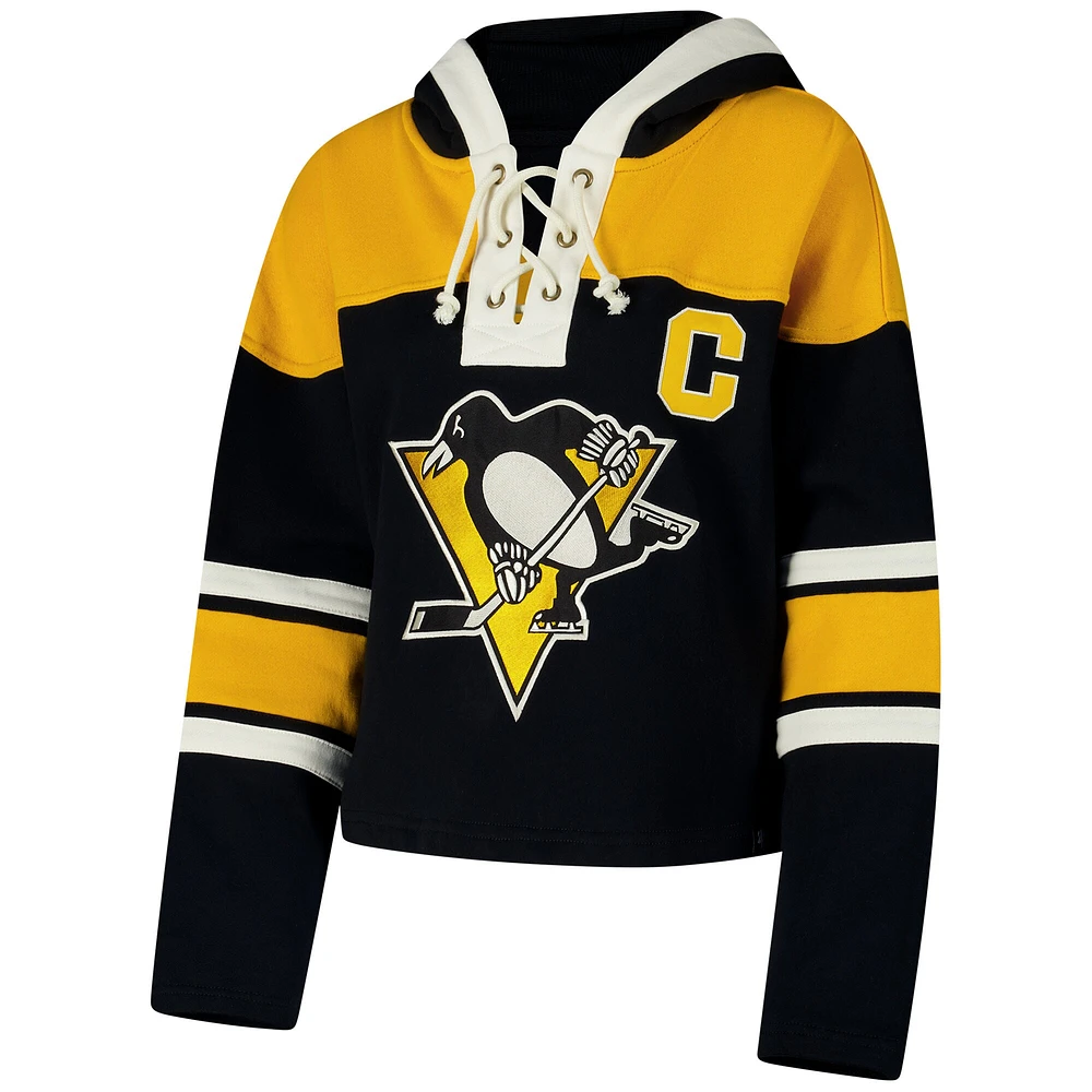 Women's '47 Sidney Crosby Black Pittsburgh Penguins Superior Lacer Cropped Pullover Hoodie