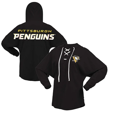 T-shirt à capuche manches longues et col en V lacets Fanatics pour femmes, noir, Pittsburgh Penguins