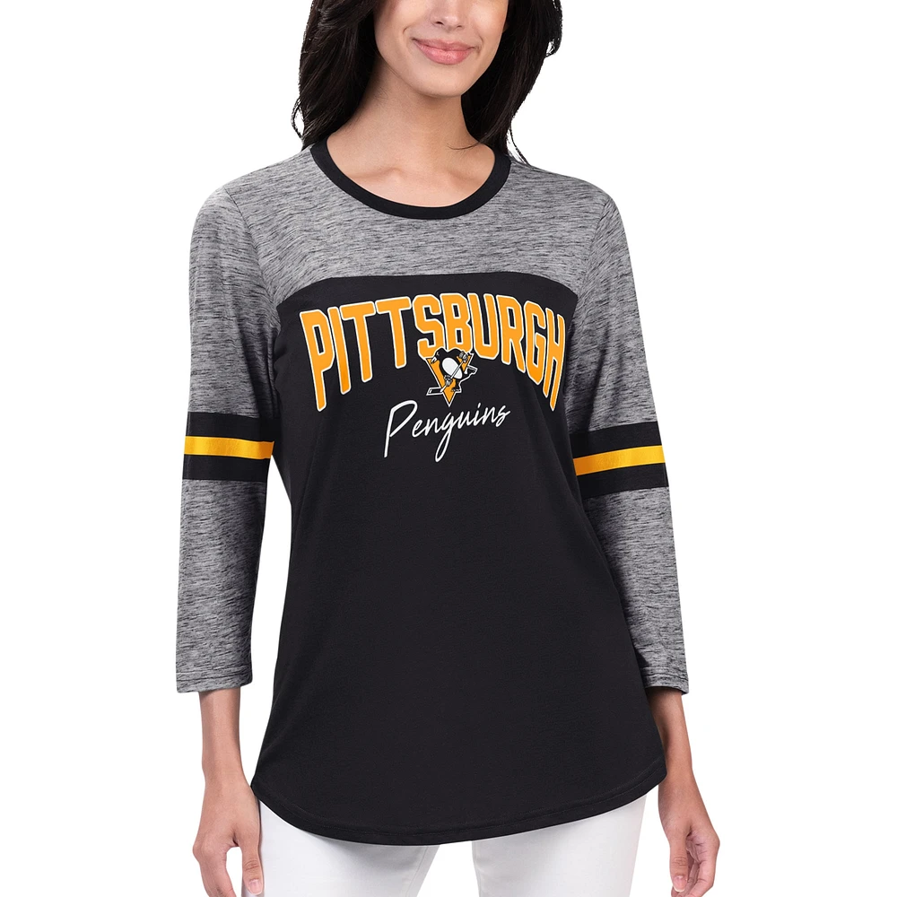 T-shirt noir à manches 3/4 G-III Sports by Carl Banks pour femmes des Penguins de Pittsburgh Play The Game