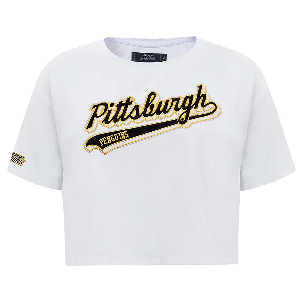 Women's Pro Standard White Pittsburgh Penguins Boxy Script Tail Cropped T-Shirt