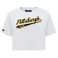 Women's Pro Standard White Pittsburgh Penguins Boxy Script Tail Cropped T-Shirt