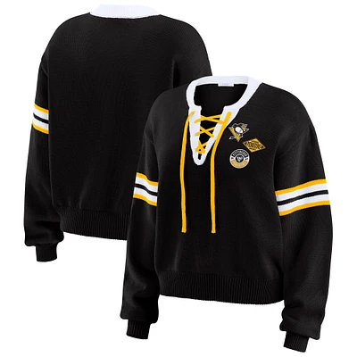 Pull court à lacets noir WEAR by Erin Andrews pour femme des Penguins de Pittsburgh