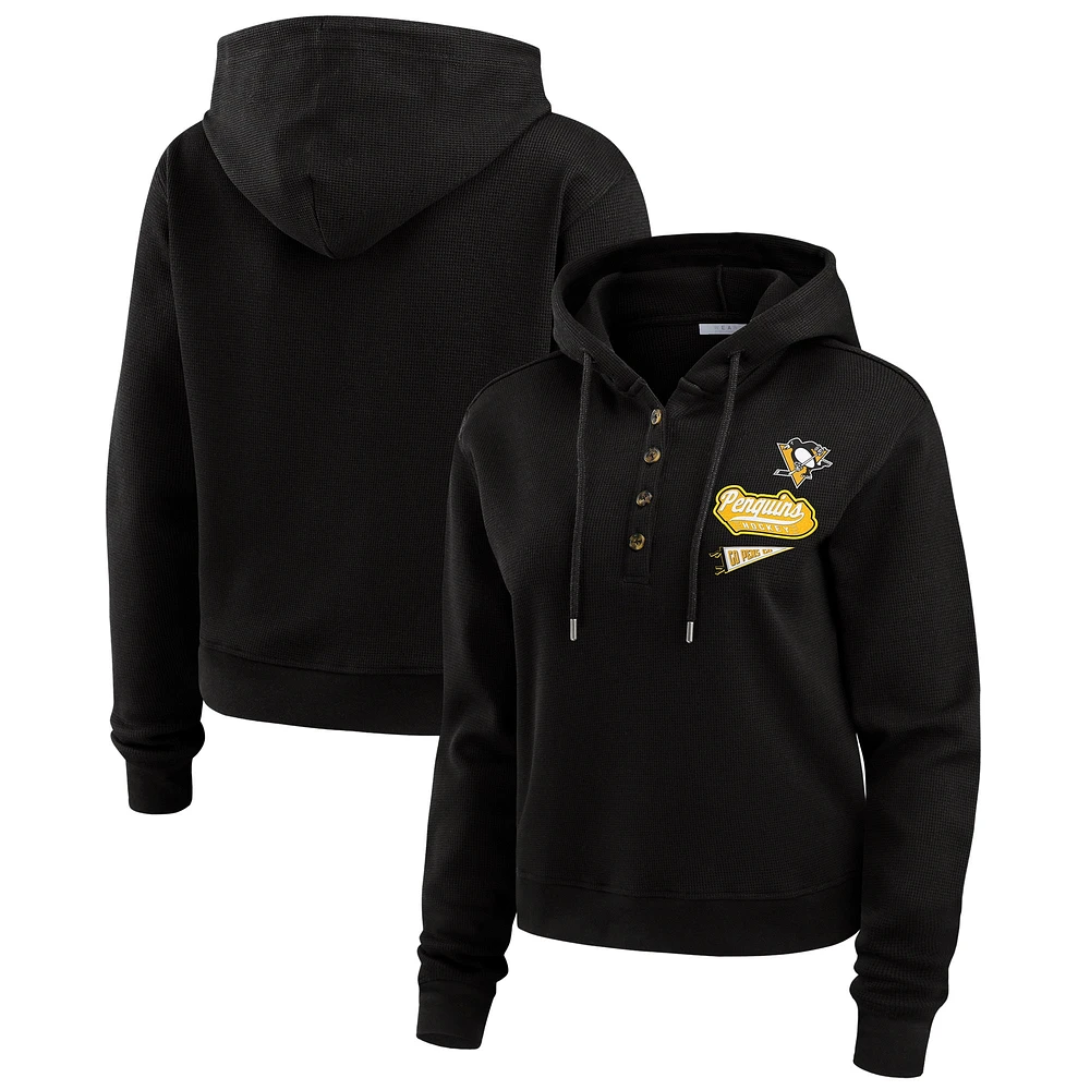 Women's WEAR by Erin Andrews Black Pittsburgh Penguins Waffle-Knit Pullover Hoodie