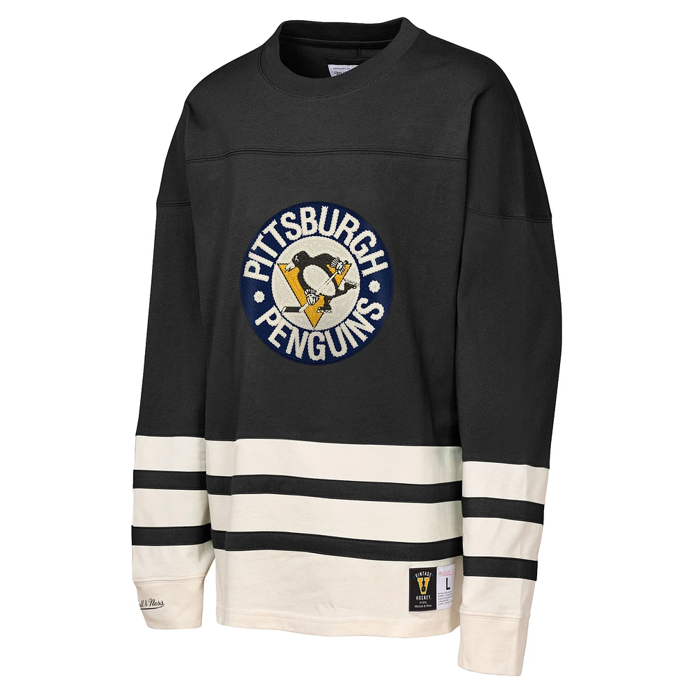 Youth Mitchell & Ness  Black Pittsburgh Penguins Chainstitch Heavyweight Long Sleeve Top