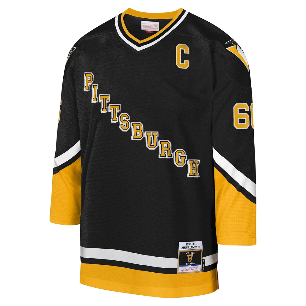 Youth Mitchell & Ness Mario Lemieux Black Pittsburgh Penguins 1992-93 Blue Line Captain Patch Player Jersey