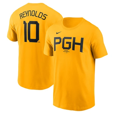 T-shirt Nike Bryan Reynolds doré pour homme, avec nom et numéro Fuse City Connect des Pirates de Pittsburgh
