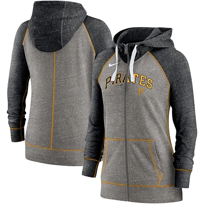 Sweat à capuche léger entièrement zippé Nike Heather Charcoal/Heather Black Pittsburgh Pirates Split Wordmark Gym Vintage Raglan pour femme