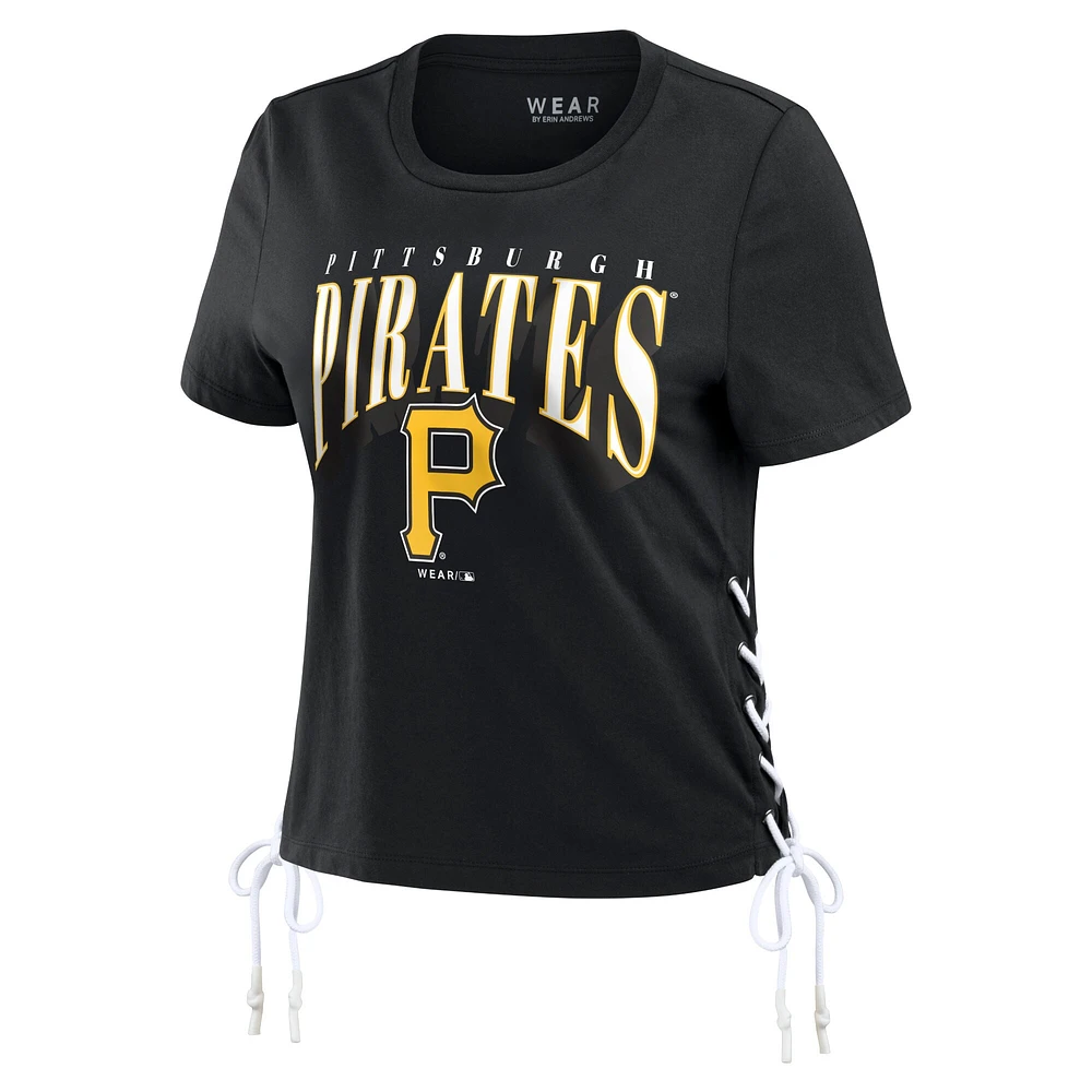 Women's WEAR by Erin Andrews Black Pittsburgh Pirates Side Lace-Up Cropped T-Shirt