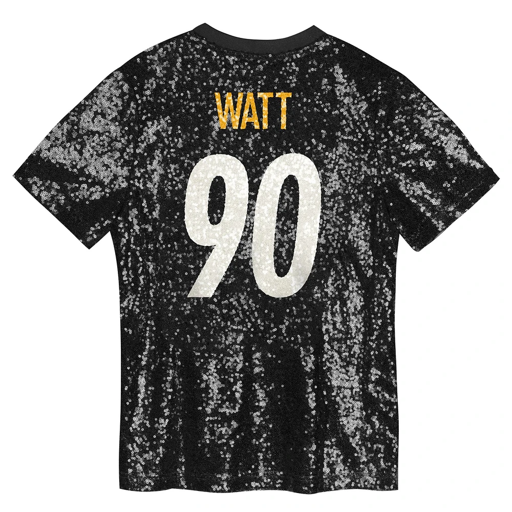 Girls Youth T.J. Watt Black Pittsburgh Steelers Sequin V-Neck Fashion Jersey