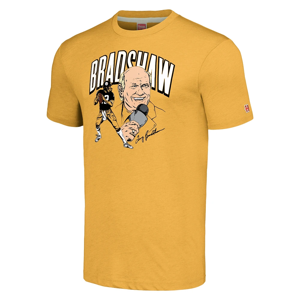 Men's Homage  Terry Bradshaw Heathered Gold Pittsburgh Steelers Caricature Retired Player Tri-Blend T-Shirt