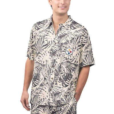 Chemise boutonnée de fête à imprimé Monstera délavée au sable des Pittsburgh Steelers Margaritaville pour hommes
