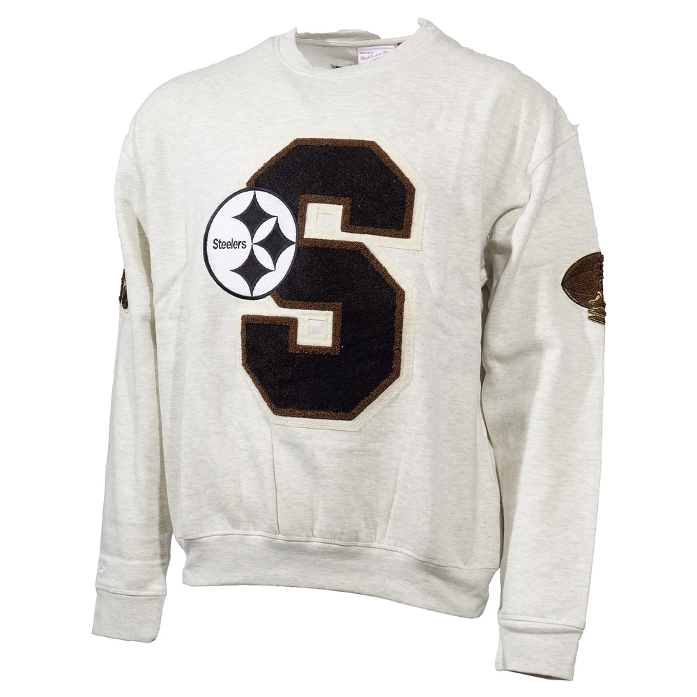 Men's Mitchell & Ness Oatmeal Pittsburgh Steelers Varsity Oversized Pullover Sweatshirt