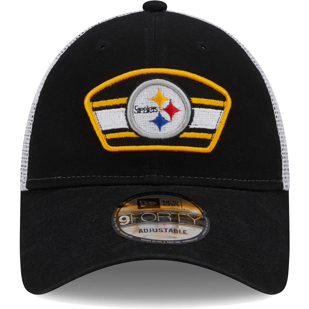 Men's New Era Black/White Pittsburgh Steelers Logo Patch Trucker 9FORTY Snapback Hat