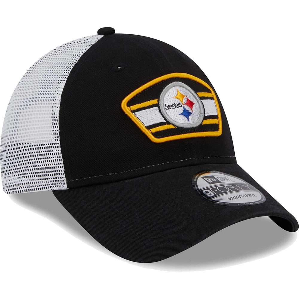 Men's New Era Black/White Pittsburgh Steelers Logo Patch Trucker 9FORTY Snapback Hat