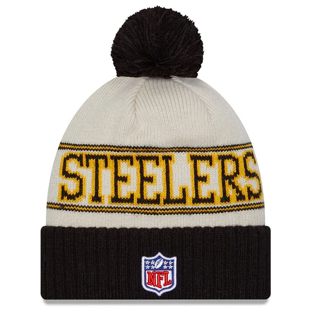 Men's New Era  Black Pittsburgh Steelers 2023 Sideline Historic Pom Cuffed Knit Hat