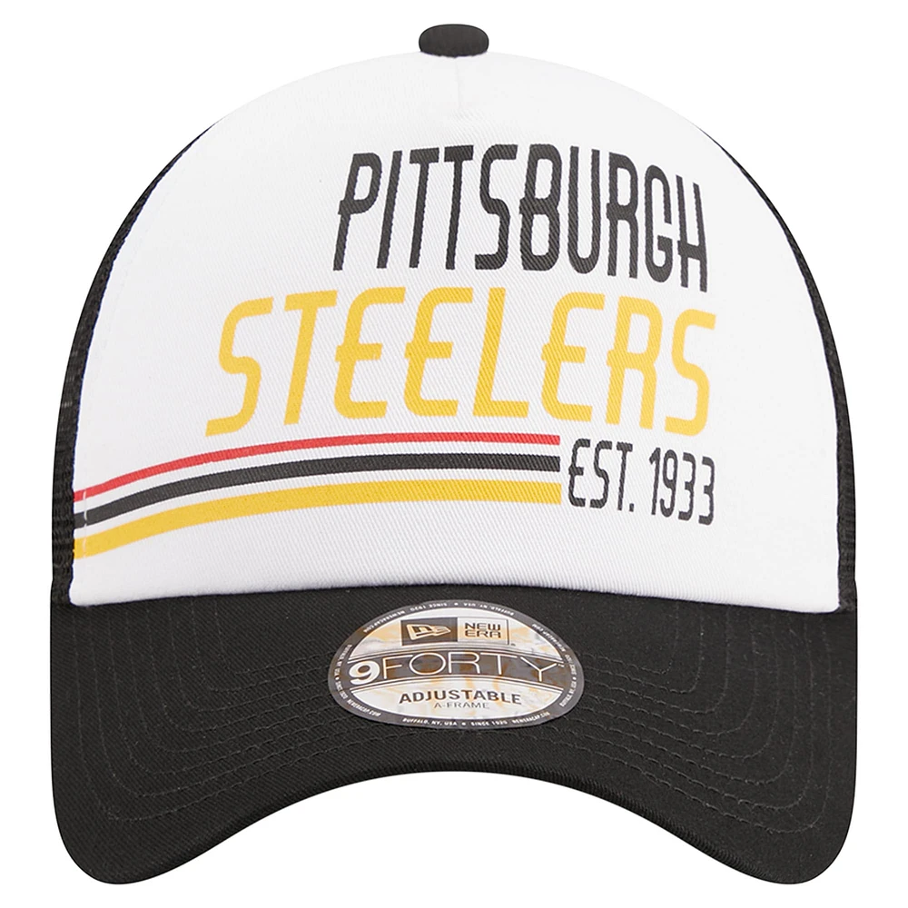 Men's New Era /Black Pittsburgh Steelers Stacked A-Frame Trucker 9FORTY Adjustable Hat