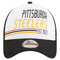 Men's New Era /Black Pittsburgh Steelers Stacked A-Frame Trucker 9FORTY Adjustable Hat