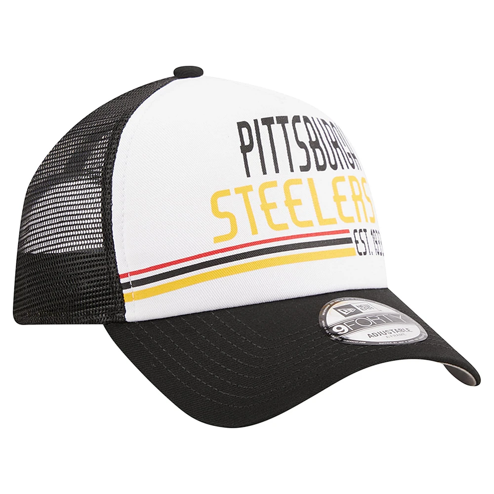 Men's New Era /Black Pittsburgh Steelers Stacked A-Frame Trucker 9FORTY Adjustable Hat
