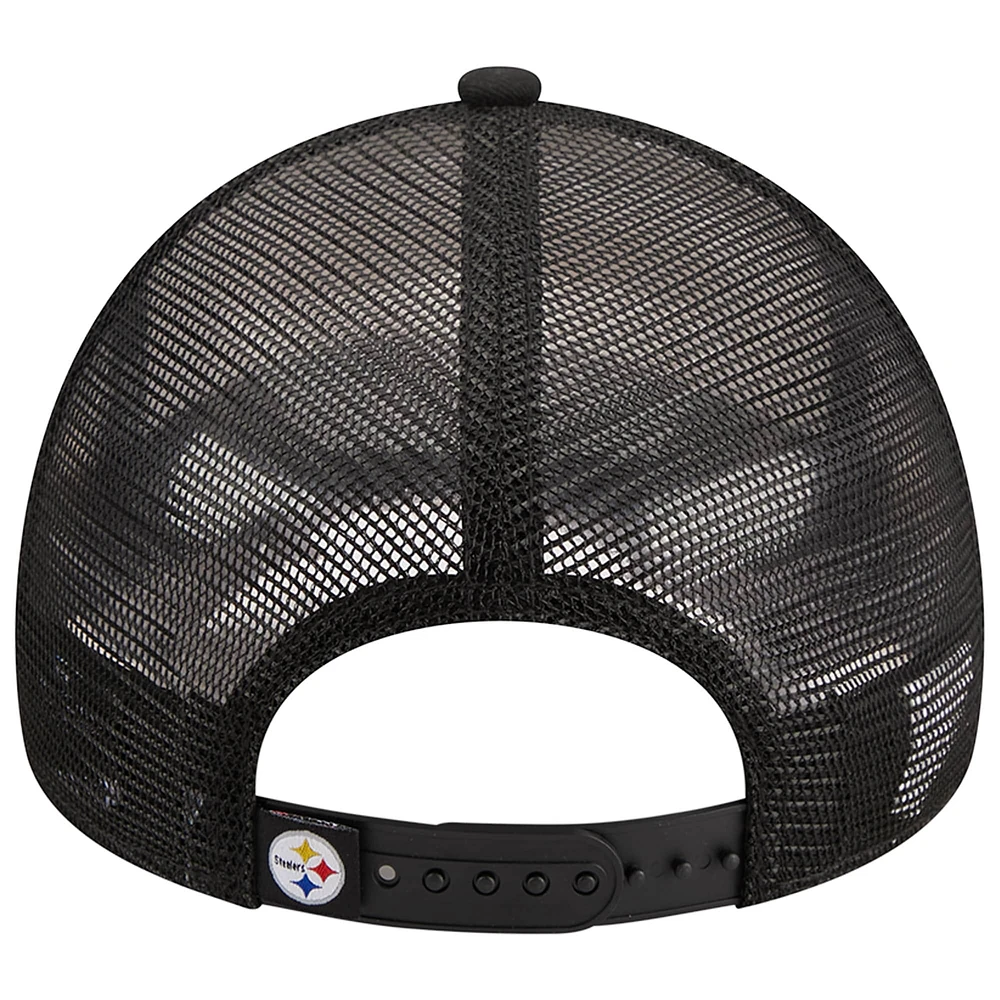 Men's New Era /Black Pittsburgh Steelers Stacked A-Frame Trucker 9FORTY Adjustable Hat