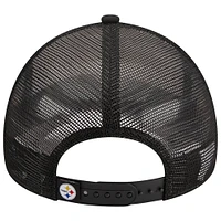 Men's New Era /Black Pittsburgh Steelers Stacked A-Frame Trucker 9FORTY Adjustable Hat