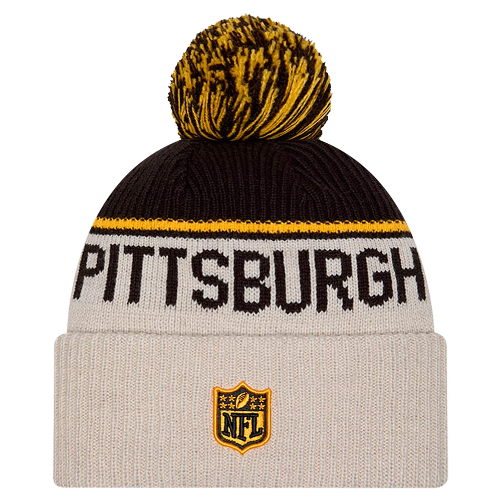 Men's New Era Stone Pittsburgh Steelers Sideline Historic Cuffed Knit Hat with Pom