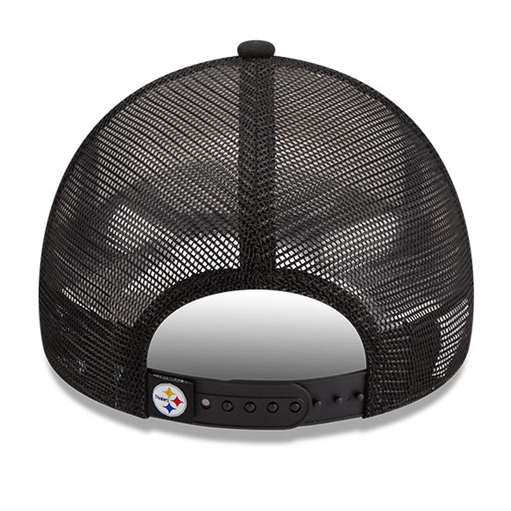 Men's New Era /Black Pittsburgh Steelers Stacked A-Frame Trucker 9FORTY Adjustable Hat
