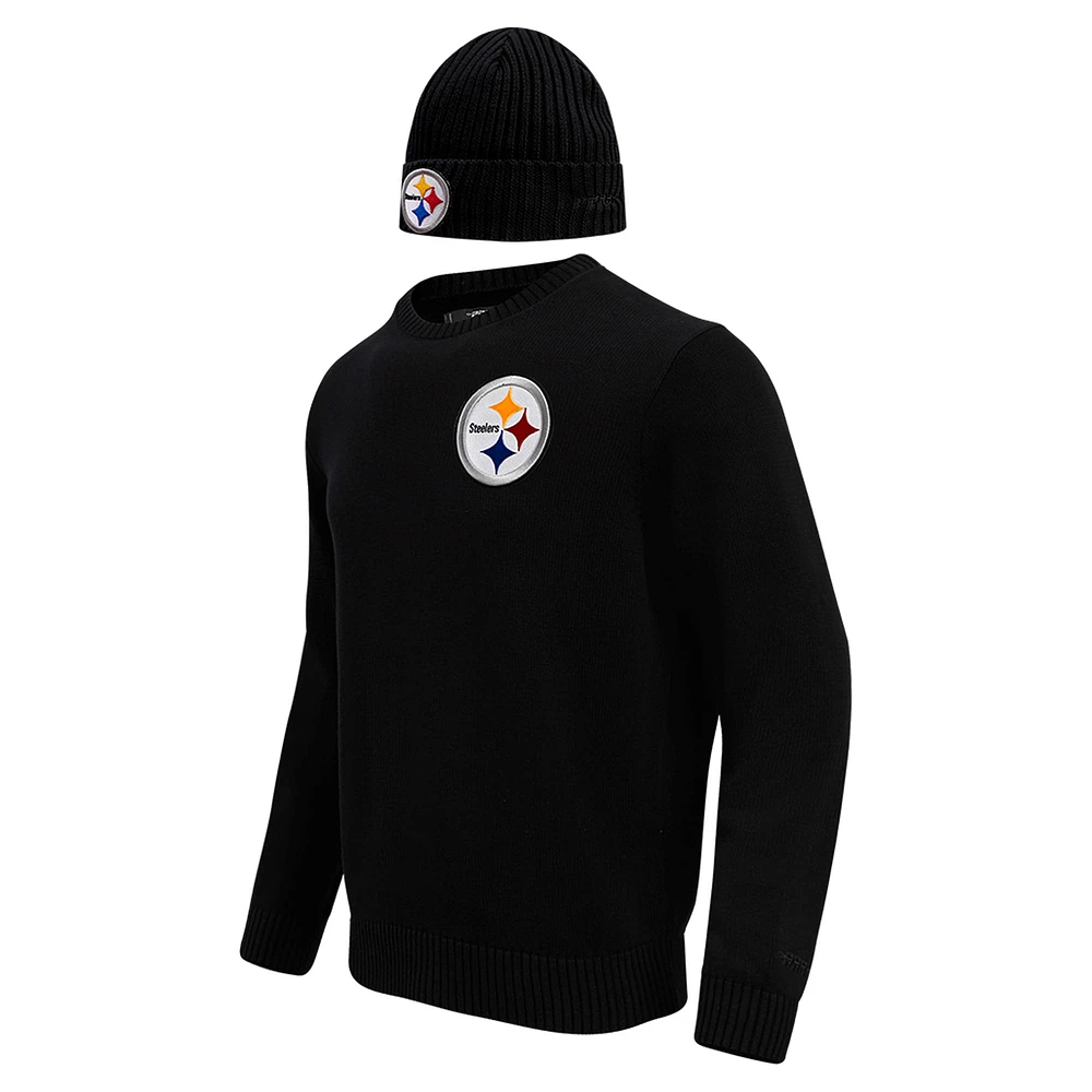 Men's Pro Standard Black Pittsburgh Steelers Crewneck Pullover Sweater & Cuffed Knit Hat Box Gift Set