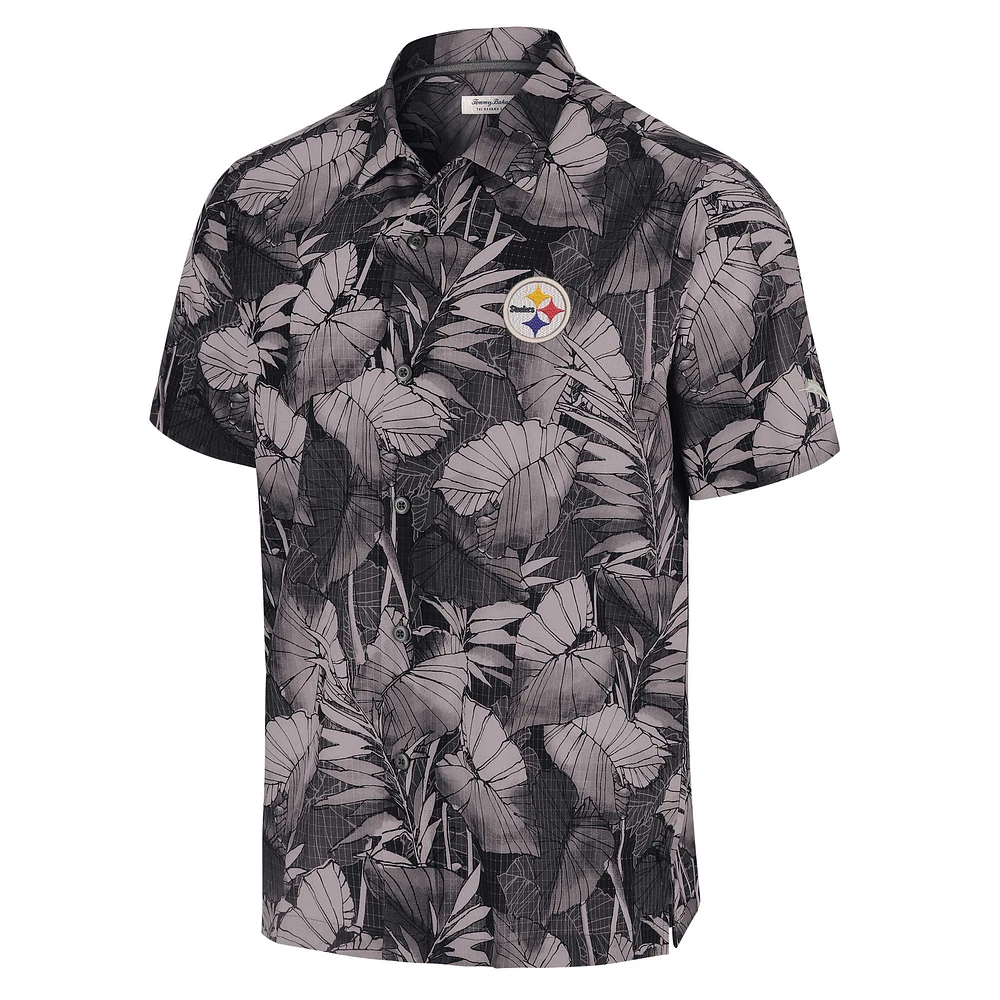Chemise boutonnée noire pour homme Tommy Bahama Camp des Pittsburgh Steelers Coast Nuevo Fronds