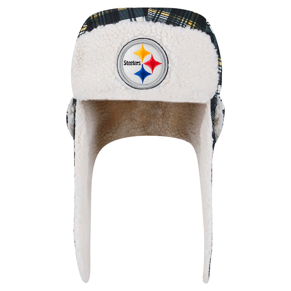 New Era Black Pittsburgh Steelers Sideline Plaid Sherpa Trapper Hat