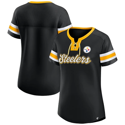 T-shirt à lacets emblématique Athena True Catch des Pittsburgh Steelers pour femmes Fanatics Black