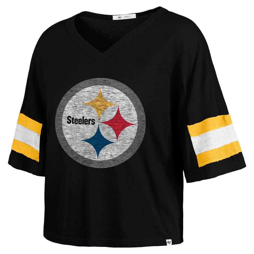 Women's '47 Black Pittsburgh Steelers  Double Header Scout Cropped V-Neck T-Shirt