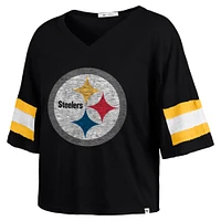 Women's '47 Black Pittsburgh Steelers  Double Header Scout Cropped V-Neck T-Shirt