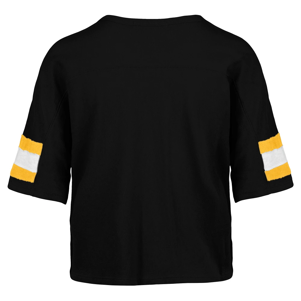 Women's '47 Black Pittsburgh Steelers  Double Header Scout Cropped V-Neck T-Shirt