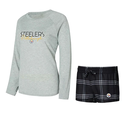 Ensemble t-shirt à manches longues et short raglan pour femme Concepts Sport noir/gris Pittsburgh Steelers Petition