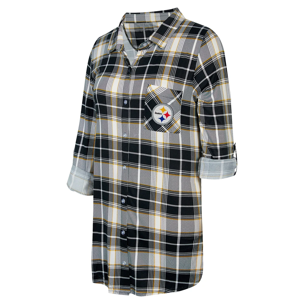 Women's Concepts Sport Black Pittsburgh Steelers Ashford Plaid Knit Nightshirt