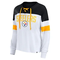 Women's Fanatics White/Black Pittsburgh Steelers Even Match Lace-Up Long Sleeve V-Neck T-Shirt