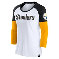 T-shirt emblématique à manches trois-quarts raglan color block des Pittsburgh Steelers Fanatics pour femmes, blanc/noir