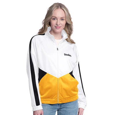 Veste de survêtement à fermeture éclair complète G-III 4Her par Carl Banks pour femme, blanche/noire, motif Rally Rhinestone des Pittsburgh Steelers