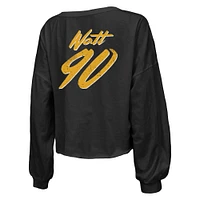 Women's Majestic Threads T.J. Watt Black Pittsburgh Steelers Name & Number Off-Shoulder Script Cropped Long Sleeve V-Neck T-Shirt
