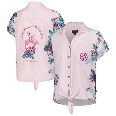 Chemise boutonnée nouée sur le devant du stade des Steelers de Pittsburgh rose Margaritaville pour femmes