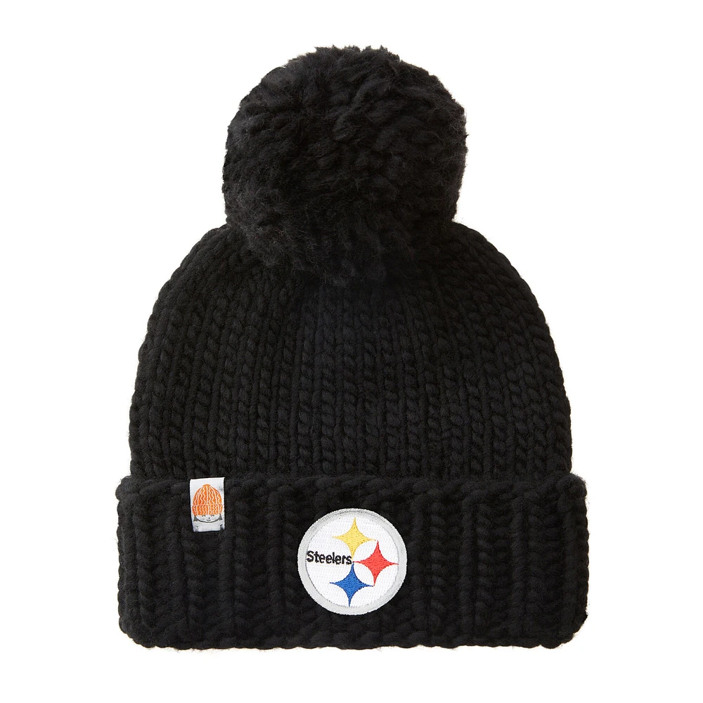Bonnet en laine mérinos à bords tricotés à la main pour femmes Sh*t That I Knit Black Pittsburgh Steelers avec pompon en fil