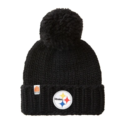 Bonnet en laine mérinos à bords tricotés à la main pour femmes Sh*t That I Knit Black Pittsburgh Steelers avec pompon en fil