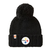 Bonnet en laine mérinos à bords tricotés à la main pour femmes Sh*t That I Knit Black Pittsburgh Steelers avec pompon en fil