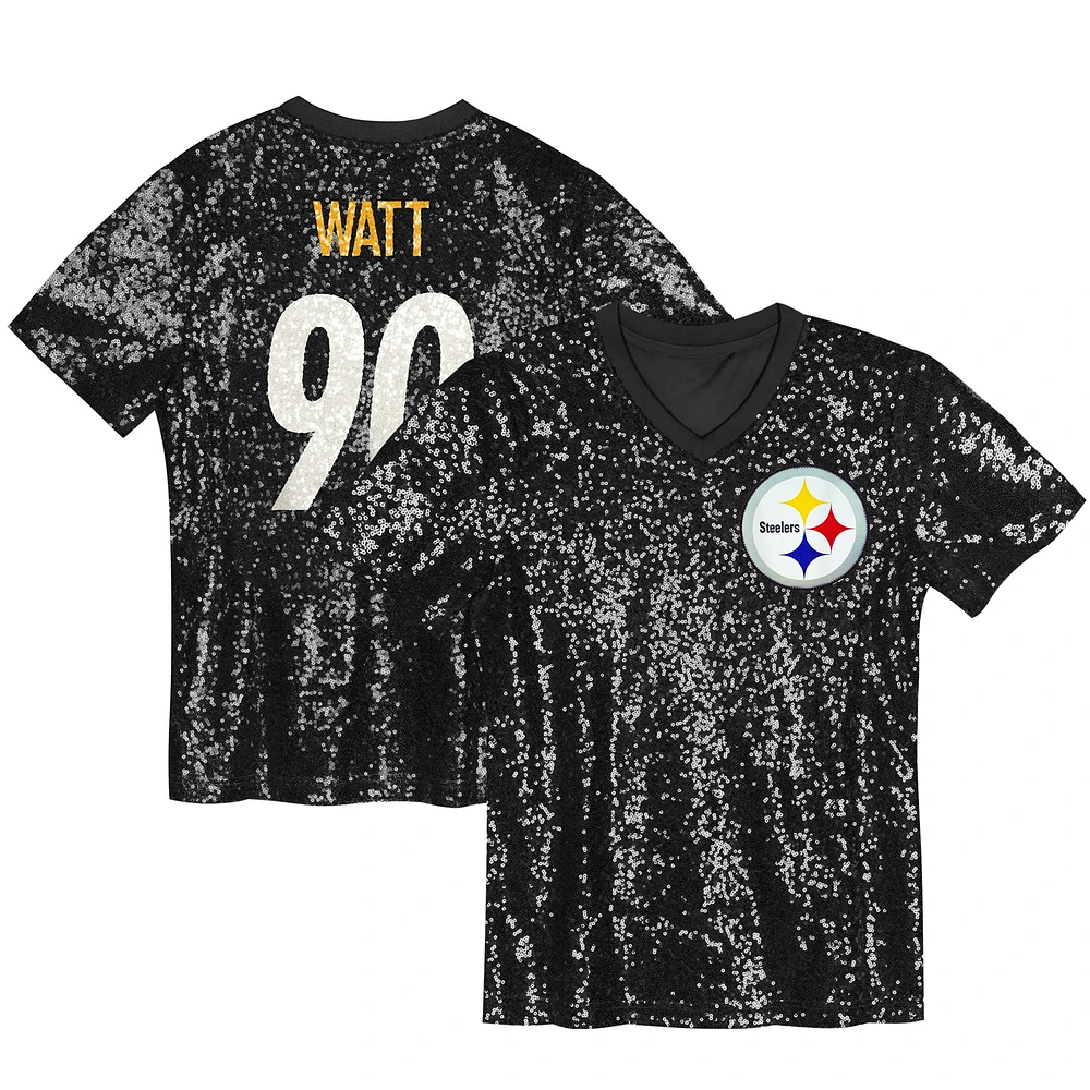 Maillot à col en V noir T.J. Watt pour femme avec nom et numéro de joueur des Steelers Pittsburgh
