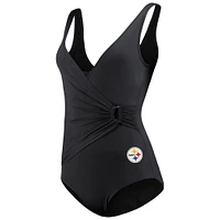 Women's Tommy Bahama Black Pittsburgh Steelers Pearl Clara Wrap One-Piece Swimsuit
