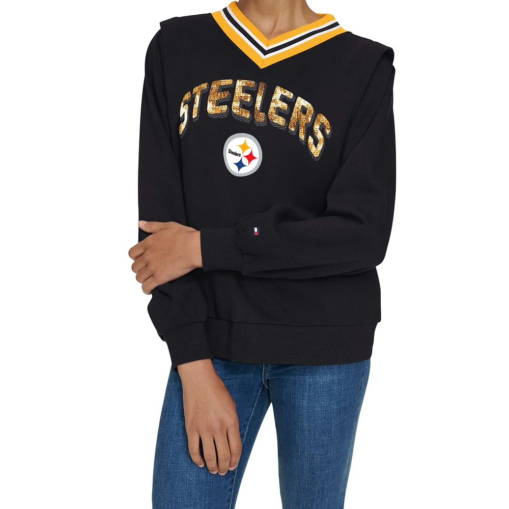 Women's Tommy Hilfiger Black Pittsburgh Steelers Alice V-Neck Pullover Sweatshirt
