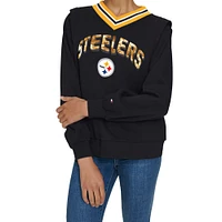 Women's Tommy Hilfiger Black Pittsburgh Steelers Alice V-Neck Pullover Sweatshirt